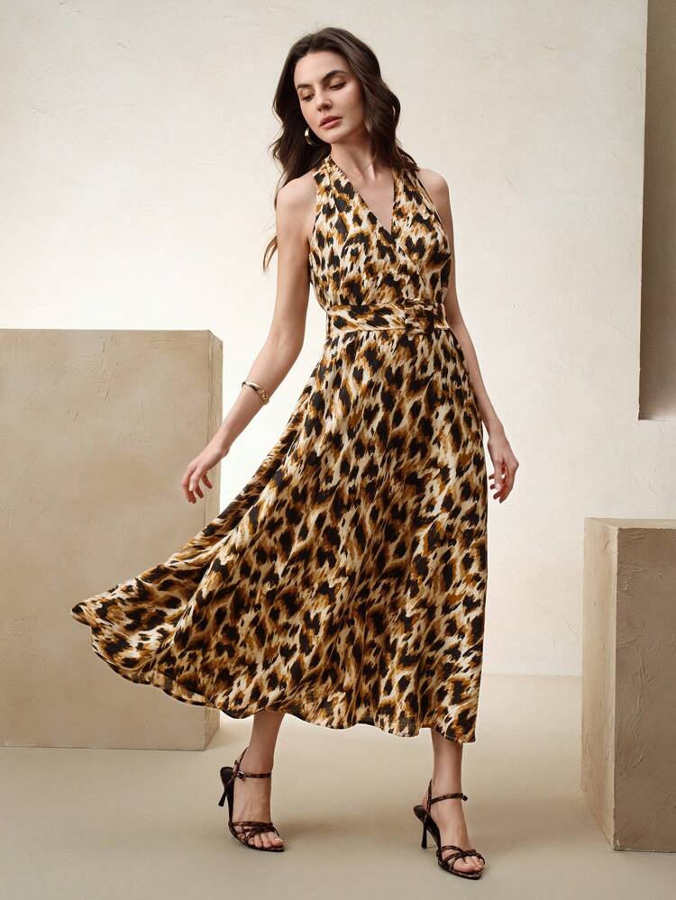 Women's Woven Leopard Print Criss-Cross V-Neck Belted Dress, Suitable For Summer, Festivals