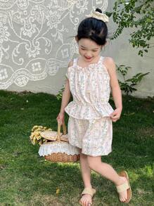 DAZY 2pcs/Set Young Girl Casual Minimalist Camisole Top And Shorts Set Floral,Girls Summer Outfits Vacation - White - View 1