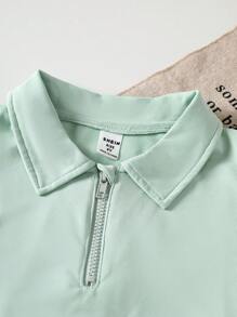 SHEIN Light Green Textured Young Boy Loose POLO Shirt - Green - View 5