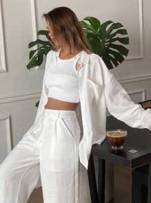 Livesso Conjunto informal de 2 piezas de estilo vintage para el verano, camisa de manga larga de corte holgado y pantalones de pierna ancha para mujer, conjunto de ropa de estar en casa para otoño para mujeres - Blanco - Ver 7