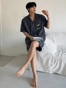 DAZY Summer Bear Embroidery Plaid Shirt & Shorts 2 Pieces Pajama Set For Men