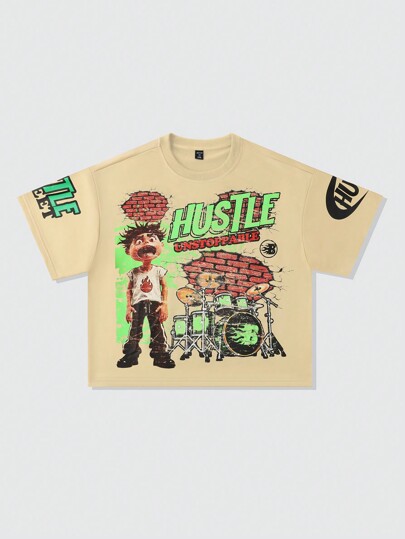 Street Life Boxy Fit Men's T-Shirt With Cartoon Character & Letter Print