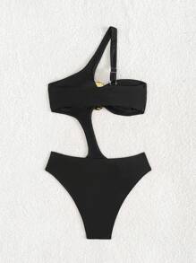 Swim SXY Women's Metallic Accent Asymmetrical Hollow Back One-Piece Swimsuit, Sexy Beachwear For Women, Spring/Summer - Black - View 2