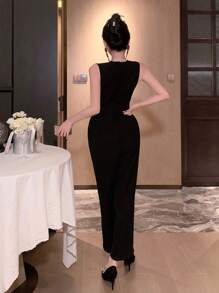 DAZY Bộ jumpsuit nữ màu trơn cổ chữ V không tay có thắt lưng, thích hợp cho dạ hội, công sở. - màu đen - Xem 2