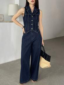 DAZY 女式两件套牛仔套装（含前开背心和阔腿裤）