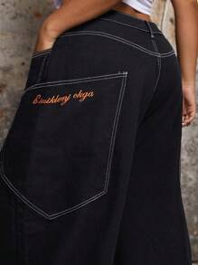 SHEIN ICON 大码女式喇叭腿休闲牛仔裤，带外露缝线 - 黑色 - 查看 4