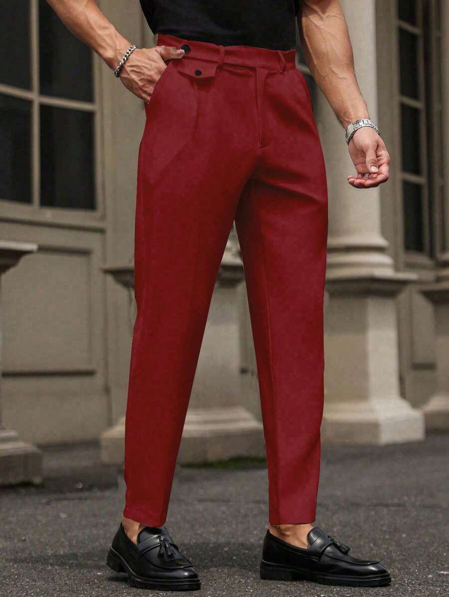 Manfinity Mode Pantalones casuales rectos de hombre con bolsillo y decorados con botones de un solo color - Burdeos - Ver 1