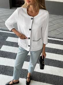 Chiquease Contrast Color Round Neck 3/4 Sleeve Loose Casual Versatile Commuter Jacket - White - View 3