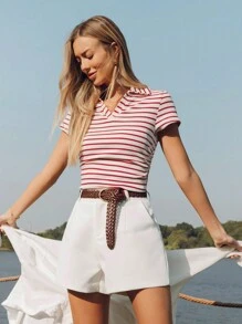 SHEIN LUNE 女式短袖 T 恤，带马球领，红白条纹，腰部有褶 - 紅白色 - 查看 6