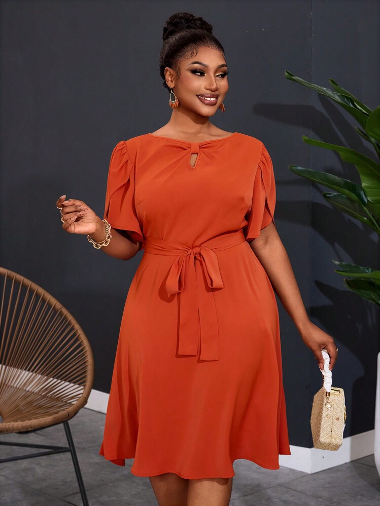 Slaydiva 大码直肩橘红色收腰 A 字夏季度假连衣裙 - 珊瑚橙 - 查看 5