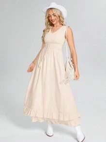 SHEIN LUNE Women's Sleeveless Cream Tasseled Layered Ruffle Hem Dress - Apricot - View 5