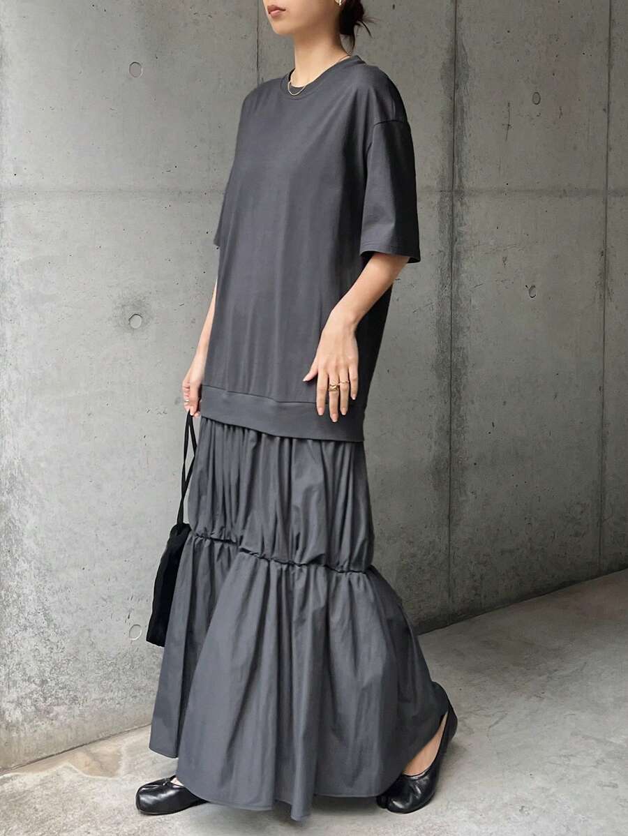 FRIFUL 女士灰色连衣裙，撞色下摆，圆领短袖，夏季服装，荷叶边 - 灰色 - 查看 1