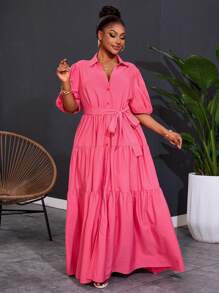 Slaydiva فستان ماكسي بأكمام قصيرة وخط A برزنتة مجعدة باللون الصلب للنساء ذوات الحجم الكبير موديل 2025 الجديد للربيع - روز أحمر - مشاهدة 2