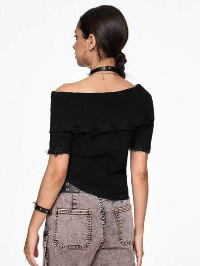 Grunge Punk Women's Plain Color Asymmetrical Shoulder Short Sleeve Fringe Trim Casual Sweater, Summer/ Summerouis /Summer Cothes