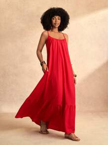 Slaydiva 2025 Lente/Zomer Nieuwe Lange Jurk voor Dames, Geschikt Voor Muziekfestivals, Pasen, Bruiloften, Boho Stijl, Westerse Stijl, Verjaardagen, Afstuderen, Studenten, Dagelijkse Casual Kleding, All-Match Veelzijdig, Vrijetijdsbesteding, Cruise Reizen, Strand, Zonnebaden, Gestructureerde Stof, Oversized, Spaghettibandjes, Sexy Rugloos, Vetersluiting op de Rug, Rode Kleur