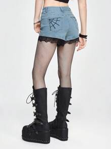ROMWE Goth Women's Spider Web Pattern Belted Pocket Denim Shorts, Fashionable And Versatile - Blue - View 4