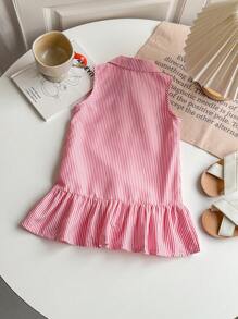 SHEIN 女婴幼儿 0-3 岁红白条纹马球领无袖休闲连衣裙，适合外出 - 紅色 - 查看 2