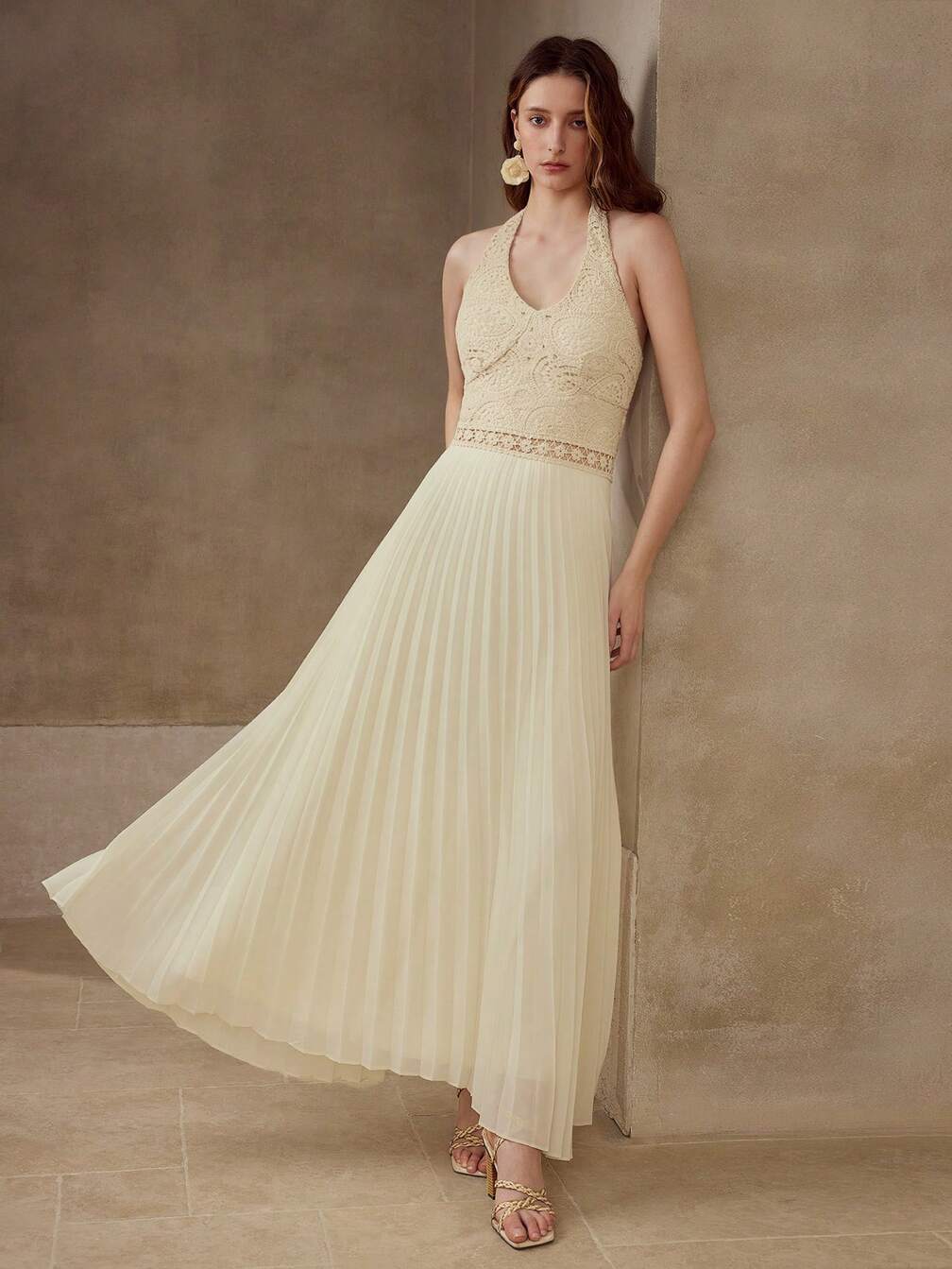 MOTF CONTRAST CROCHET PLEATED DRESS｜Motf