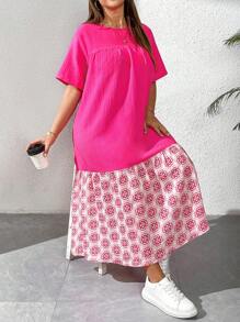 SHEIN Essnce Damen Große Größen Frühling und Sommer Mode Lässig locker täglich komfortables rosa Kurzarm konservatives langes Kleid, Sommer Outfits für Frauen, Kleidung für Mutter und Tochter, Urlaubsoutfits Frau - Pink - Übersicht 3