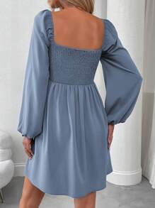 EMERY ROSE Women's Solid Color Ruffle Square Neck Lantern Sleeve Dress Fall Cloth For Women - Dusty Blue - View 2