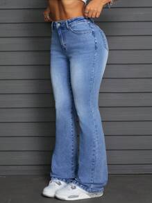 SHEIN ICON Pantalones vaqueros casuales para mujer, sencillos y de moda para uso diario - Azul - Ver 5