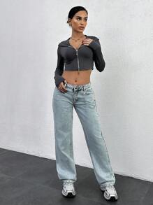 EURMUSE WOMEN STRAIGHT LOW WAIST JEANS CHAIN DETAIL - Light Wash - View 6