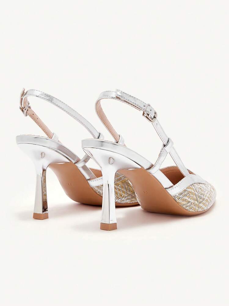 CUCCOO CHICEST Women's Elegant Pointed Toe High Heels With Woven Color Block Upper, Backless Dress Shoes For Romantic Vacation, Afternoon Tea