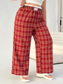 SHEIN EZwear Plus Size Red Plaid Straight Leg Casual Loose Pants - Red - View 3