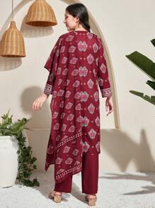 SHEIN Bộ 3 món cho bé gái tuổi teen: Váy họa tiết đỏ, Quần Palazzo vàng, Khăn quàng cổ, Trang phục đi nghỉ dưỡng/ngày lễ/lễ hội - Màu Đỏ Sâu - Xem 2