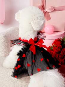PETSIN 1pc Universal Pet Valentine's Day Black Cap Sleeve Harness Dress With Red Heart Flocked Mesh Charming And Cute Dog Dress - Multicolor - View 1