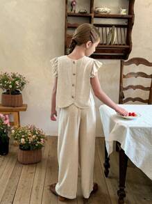 LMoss Kids LMoss 2 件套 Tween Girl 编织纯色圆领修身休闲衬衫和宽松长裤套装 - 米色 - 查看 2