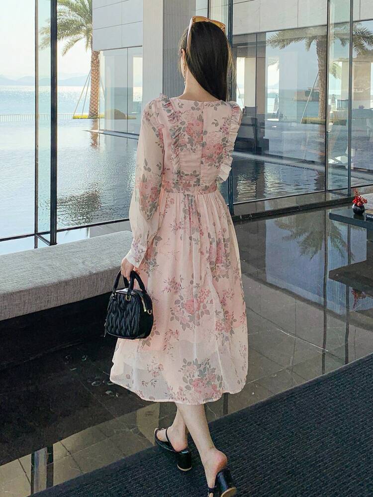 V-Neck Floral Print Frill Lantern Sleeve Mid-Length Dress For Women,Fall Dress Long Sleeve Dress Maxi Dress Vacation Outfits Women