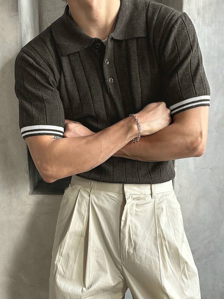 Men's Half-Open Collar Ribbed Contrast Color Knitted Sweater, Summer Business Attire