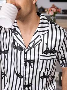 Men's Elastic Satin Print Lapel Collar Short Sleeve Pajama Set, Gift For Boyfriend