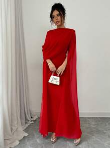 SHEIN PETITE Elegant & Charming Party Banquet Evening Dress, Ruched Oblique Shoulder Sheer Sash Dress, Long Sleeve, Side Slit, Knitted Stretchy Red Dress For Autumn/Winter Fall Cloth For Women