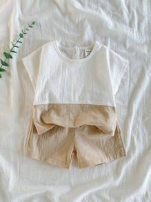 Vintaside Kids 2pcs Baby Boy Colorblock Round Neck Short Sleeve Top And Shorts Set, For Daily Wear - Apricot - View 1