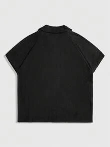 ROMWE MEN Men's Prep Zipper Placket Short Sleeve Five-Pointed Star Knit Top - Black - View 2