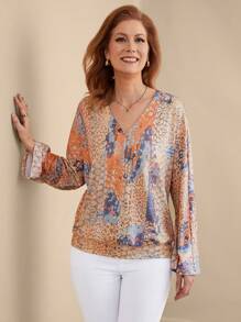 EMERY ROSE 女士印花V领宽松休闲卫衣，长袖套头衫，秋季卫衣 - 彩色 - 查看 5