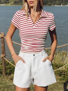 SHEIN LUNE 女式短袖 T 恤，带马球领，红白条纹，腰部有褶 - 紅白色 - 查看 1