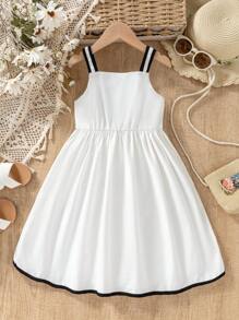 Vestido minimalista elegante de contraste de color negro y blanco para niña con gran lazo removible y correa de - Blanco - Ver 2