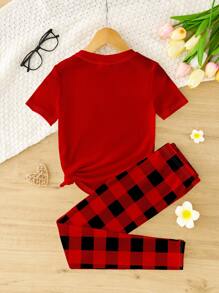 SHEIN Leap Crew Tween Girl 心形和格子图案休闲短袖休闲套装，罗纹面料贴身家居服，适合春夏季、情人节 - 彩色 - 查看 2