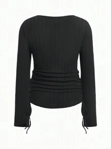 Modmama Maternity Casual Solid Color Ribbed Side Drawstring Long Sleeve T-Shirt, Autumn - Multicolor - View 9