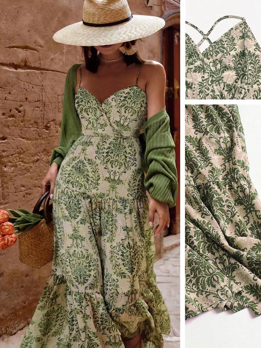SHEIN Clasi Plus Size Women Boho Floral Print Crossed Straps Casual Spaghetti Strap Dress, Suitable For Vacation, For Summer - Green - View 1