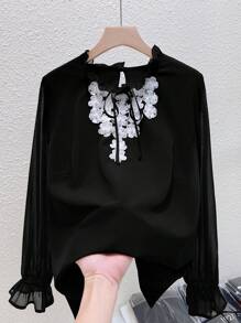 SHEIN Clasi Plus Size Casual Embroidery Patch Long Sleeve Black Blouse Fall Cloth For Women - Black - View 1