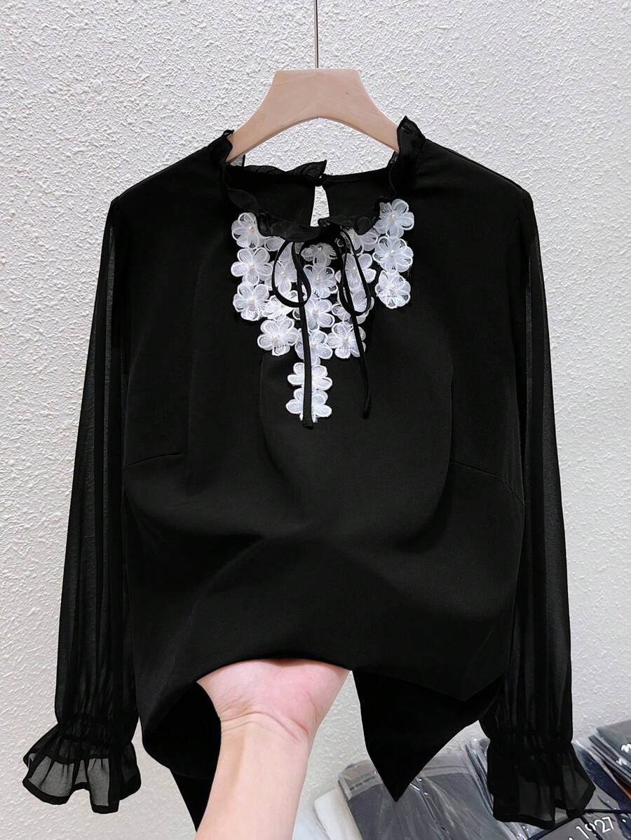 SHEIN Clasi Plus Size Casual Embroidery Patch Long Sleeve Black Blouse Fall Cloth For Women - Black - View 1