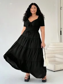 SHEIN EZwear Set de 2 piezas blusa con moño y falda larga talla grande en color negro - Negro - Ver 3