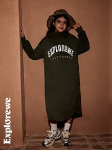 SHEIN Tween Girl 字母印花长袖连帽休闲连衣裙