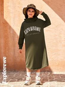 SHEIN Tween Girl 字母印花长袖连帽休闲连衣裙