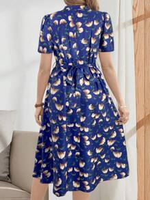 EMERY ROSE Elegant Casual V-Neck Tied Short Sleeve Mid-Length Dress For Women