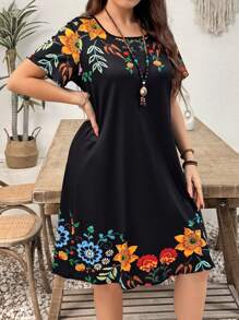 EMERY ROSE Plus Size Women Floral Print Patchwork Round Neck Short Sleeve Casual A-Line Mini Dress For Summer